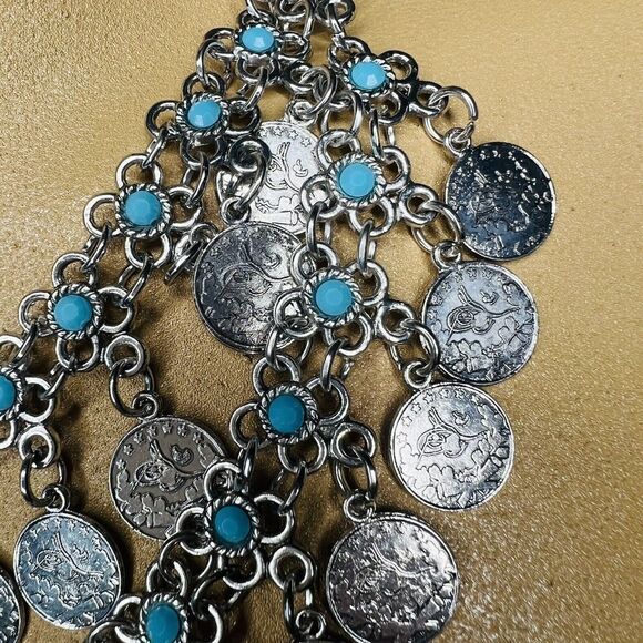 Lucky & Blessed Bohemian Floral Blue Silver Coin Layered Dangle Bib Necklace L&B - Picture 6 of 16